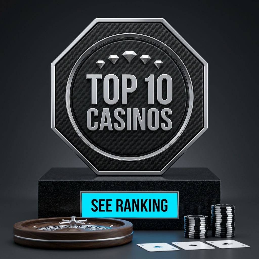 Silver octagonal Top 10 Casinos award with roulette wheel, chips and playing cards